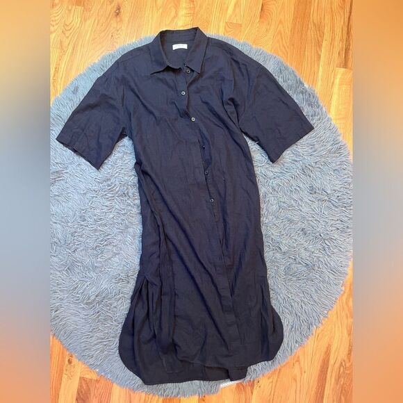 Aritzia Babaton Navy Button-Up Linen Blend Shirt Maxi Dress Size S - Picture 1 of 6